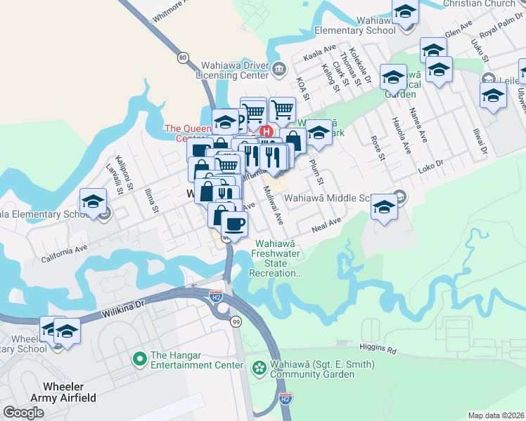 map of restaurants, bars, coffee shops, grocery stores, and more near 140A Kuahiwi Avenue in Wahiawa