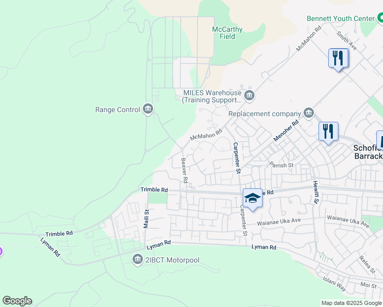 map of restaurants, bars, coffee shops, grocery stores, and more near 198 Kiela Place in Schofield Barracks