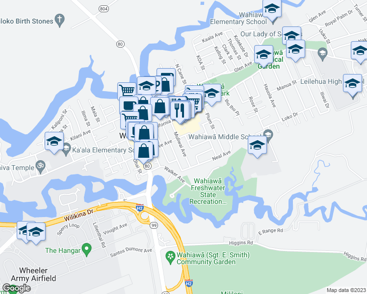 map of restaurants, bars, coffee shops, grocery stores, and more near 156 Muliwai Avenue in Wahiawa