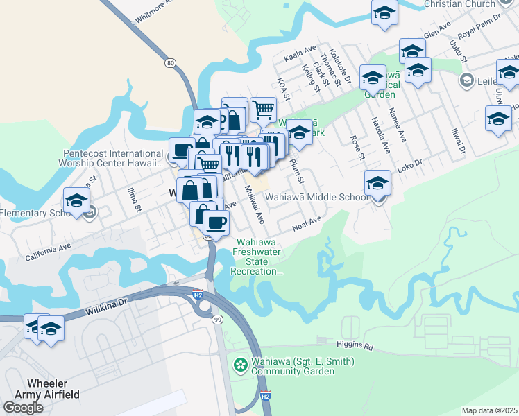 map of restaurants, bars, coffee shops, grocery stores, and more near 156 Muliwai Avenue in Wahiawa