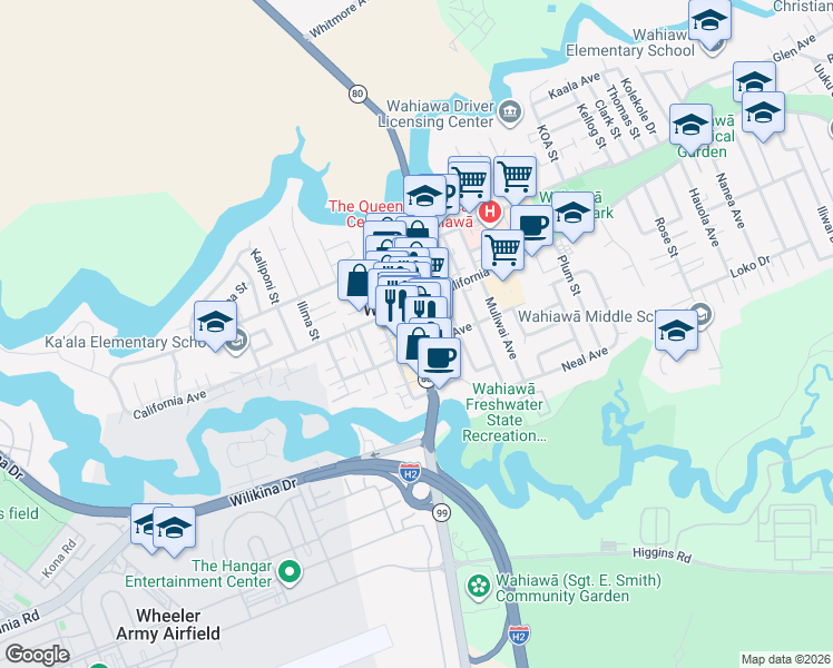 map of restaurants, bars, coffee shops, grocery stores, and more near 57 South Kamehameha Highway in Wahiawa