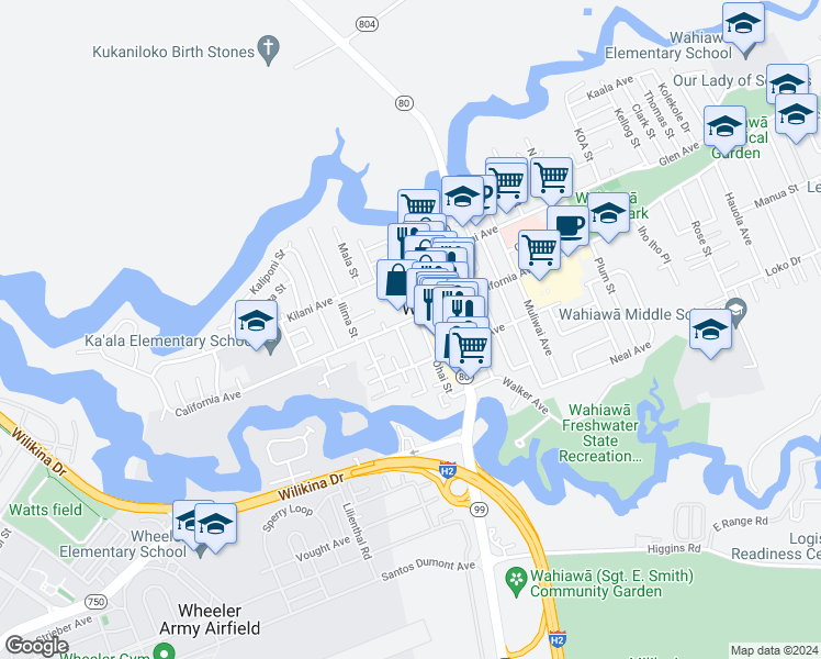 map of restaurants, bars, coffee shops, grocery stores, and more near 30C Koele Way in Wahiawa