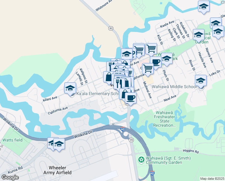 map of restaurants, bars, coffee shops, grocery stores, and more near 30 Koele Way in Wahiawa