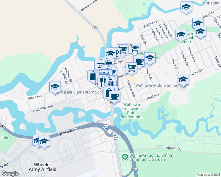 map of restaurants, bars, coffee shops, grocery stores, and more near 57 South Kamehameha Highway in Wahiawa