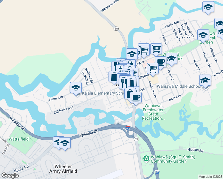 map of restaurants, bars, coffee shops, grocery stores, and more near 30 Koele Way in Wahiawa