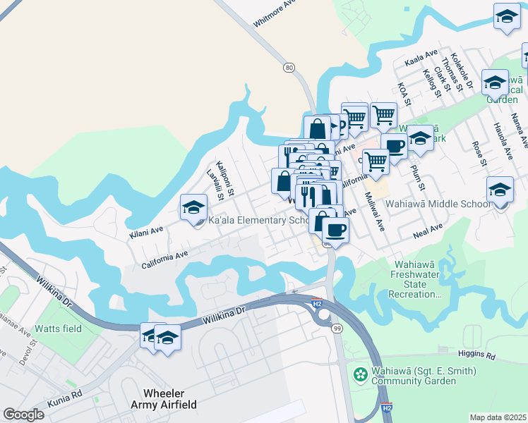 map of restaurants, bars, coffee shops, grocery stores, and more near 220 California Avenue in Wahiawa