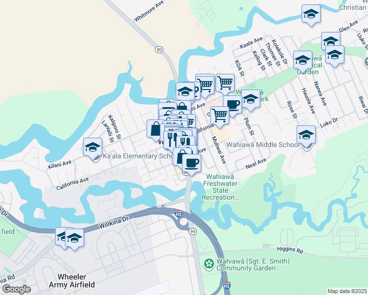 map of restaurants, bars, coffee shops, grocery stores, and more near 57 South Kamehameha Highway in Wahiawa