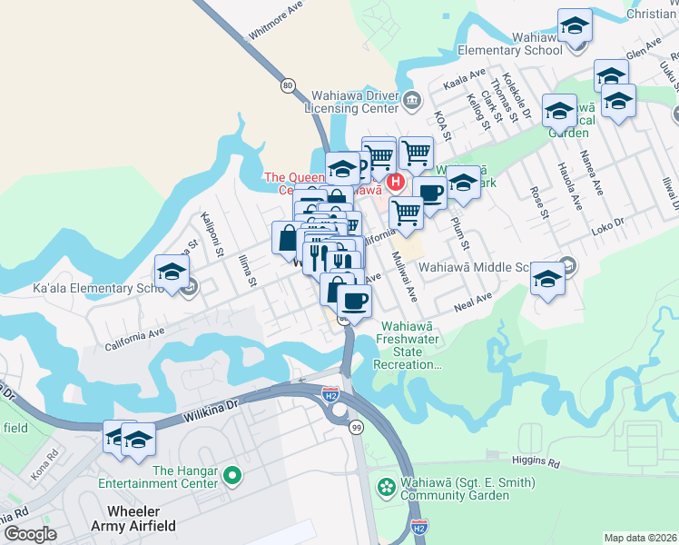 map of restaurants, bars, coffee shops, grocery stores, and more near 55 Walker Avenue in Wahiawa