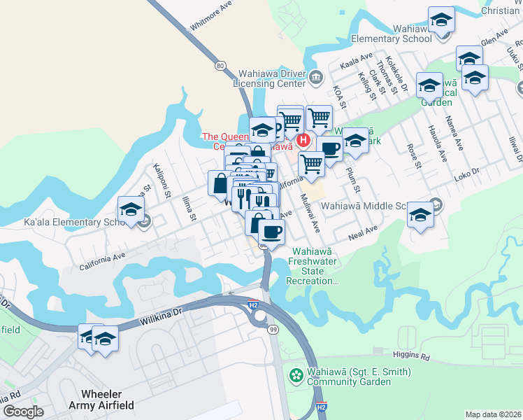 map of restaurants, bars, coffee shops, grocery stores, and more near 57 South Kamehameha Highway in Wahiawa