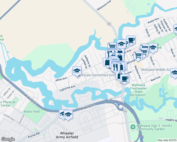 map of restaurants, bars, coffee shops, grocery stores, and more near 91 Mahele Loop in Wahiawa