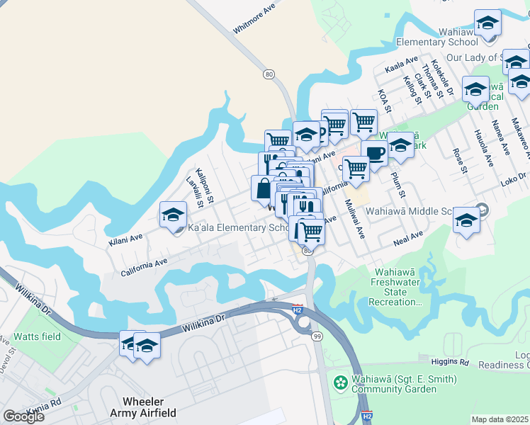 map of restaurants, bars, coffee shops, grocery stores, and more near 30 Koele Way in Wahiawa