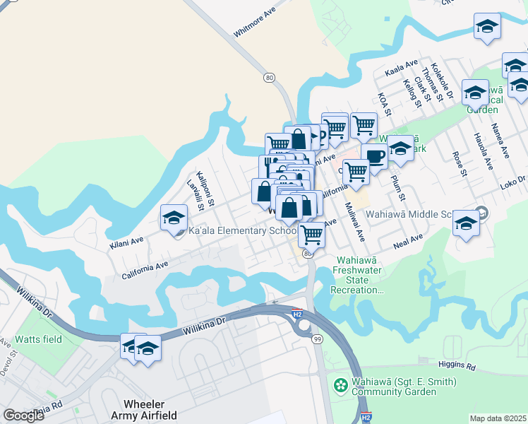 map of restaurants, bars, coffee shops, grocery stores, and more near 47 Kukui Street in Wahiawa
