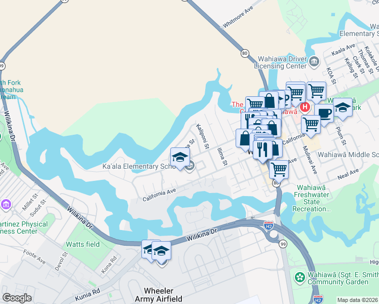 map of restaurants, bars, coffee shops, grocery stores, and more near 211 Lanialii Street in Wahiawa