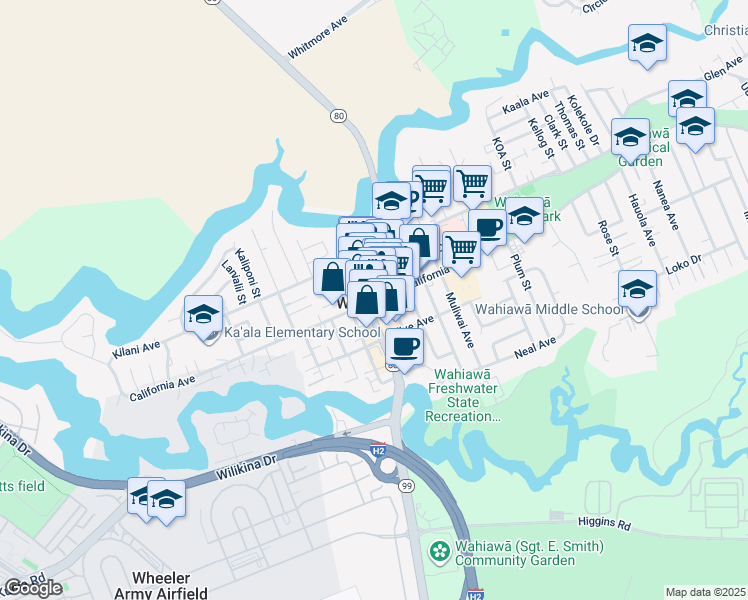 map of restaurants, bars, coffee shops, grocery stores, and more near 0 Kamehameha Highway in Wahiawa