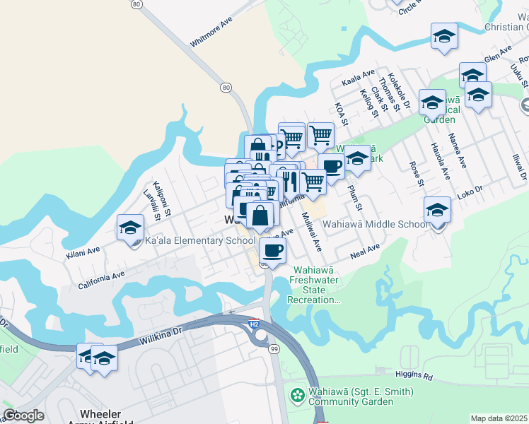 map of restaurants, bars, coffee shops, grocery stores, and more near 649 California Avenue in Wahiawa