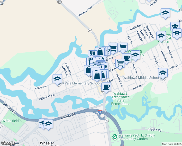 map of restaurants, bars, coffee shops, grocery stores, and more near 47 Kukui Street in Wahiawa