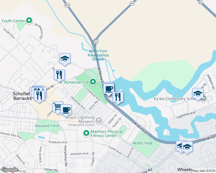 map of restaurants, bars, coffee shops, grocery stores, and more near 1830 Wilikina Drive in Wahiawa