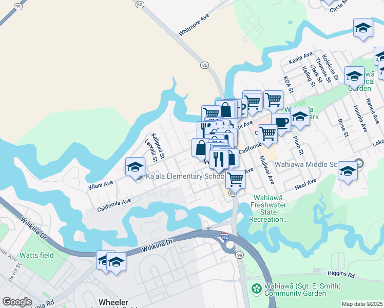 map of restaurants, bars, coffee shops, grocery stores, and more near 261 Kilani Avenue in Wahiawa