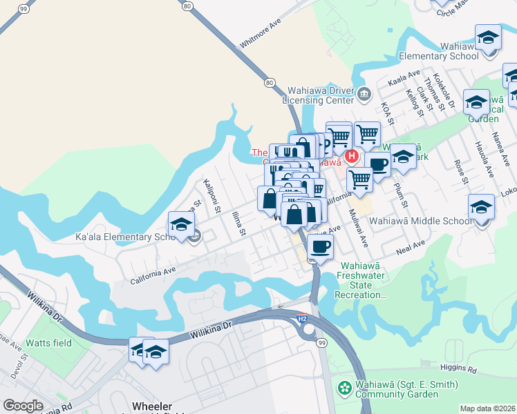 map of restaurants, bars, coffee shops, grocery stores, and more near 261 Kilani Avenue in Wahiawa