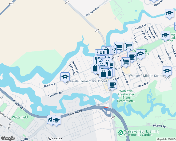 map of restaurants, bars, coffee shops, grocery stores, and more near 261 Kilani Avenue in Wahiawa