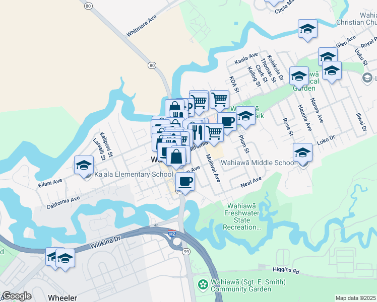 map of restaurants, bars, coffee shops, grocery stores, and more near 649 California Ave in Wahiawa