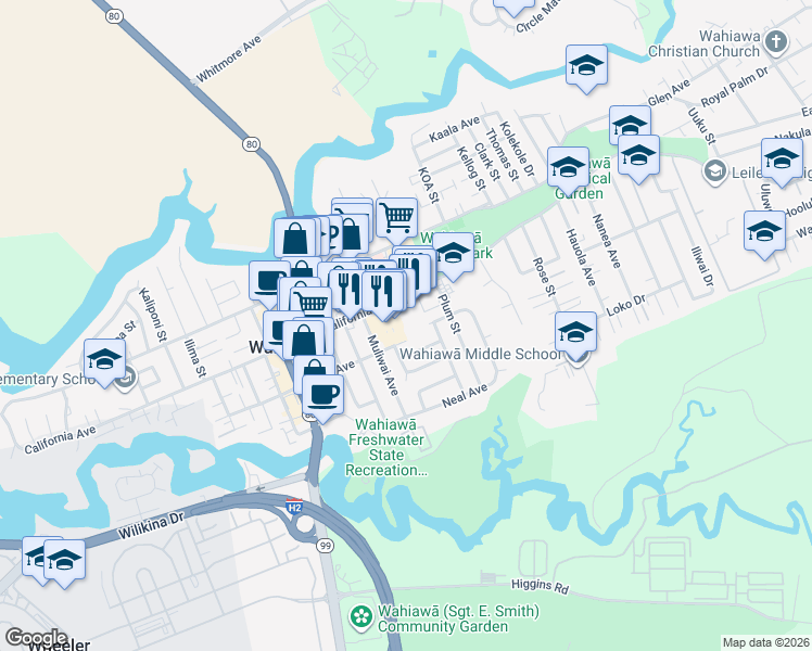 map of restaurants, bars, coffee shops, grocery stores, and more near 925 California Avenue in Wahiawa