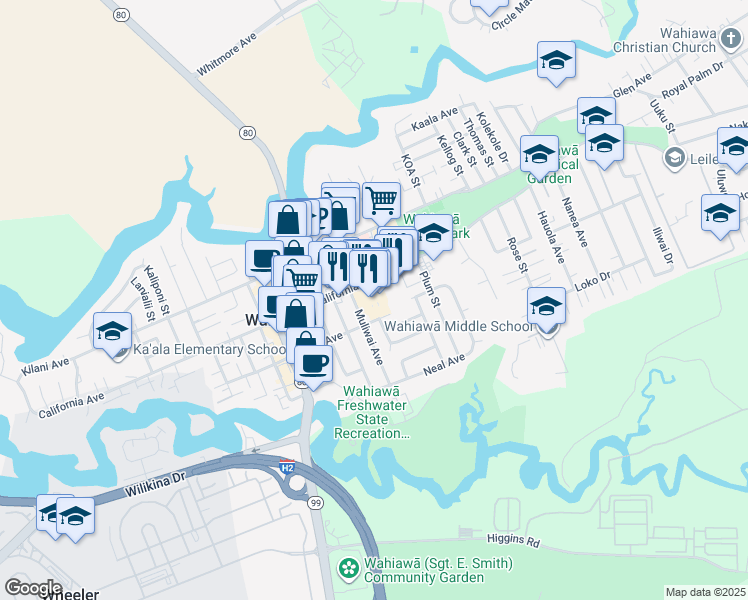 map of restaurants, bars, coffee shops, grocery stores, and more near 925 California Avenue in Wahiawa