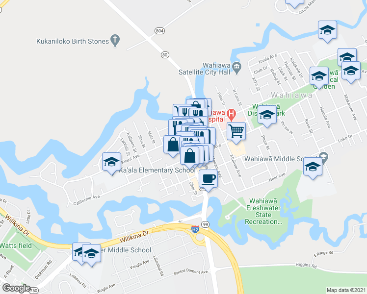 map of restaurants, bars, coffee shops, grocery stores, and more near 47 Kukui Street in Wahiawa