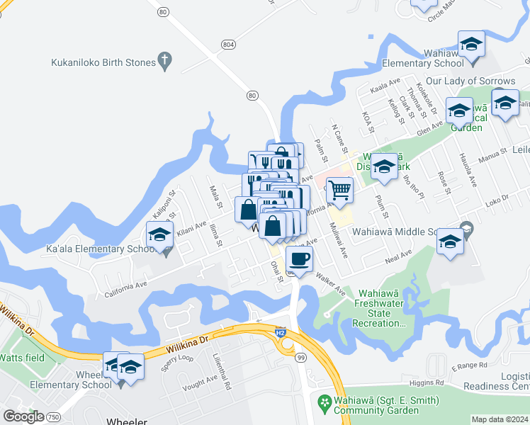 map of restaurants, bars, coffee shops, grocery stores, and more near 58 Kukui Street in Wahiawa