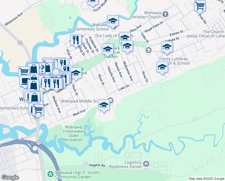 map of restaurants, bars, coffee shops, grocery stores, and more near 1252 Loko Drive in Wahiawa