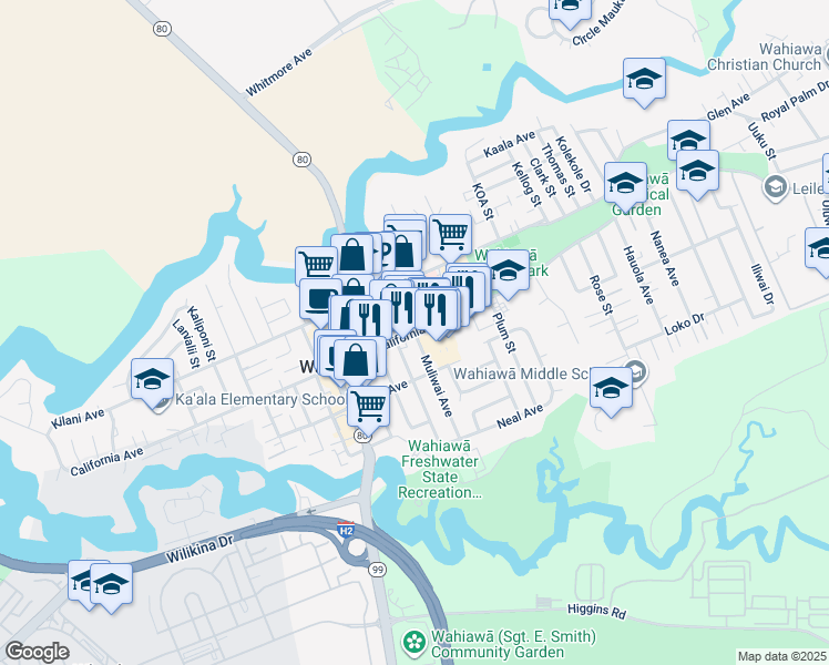 map of restaurants, bars, coffee shops, grocery stores, and more near 97 Lehua Street in Wahiawa