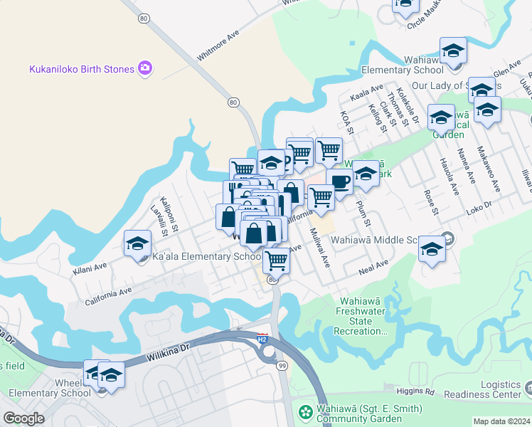 map of restaurants, bars, coffee shops, grocery stores, and more near in Wahiawa