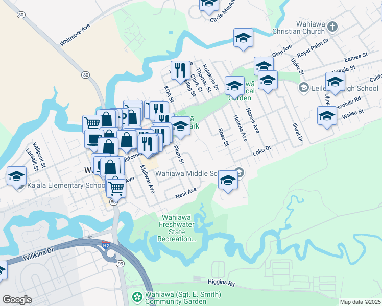 map of restaurants, bars, coffee shops, grocery stores, and more near 1223 Neal Avenue in Wahiawa