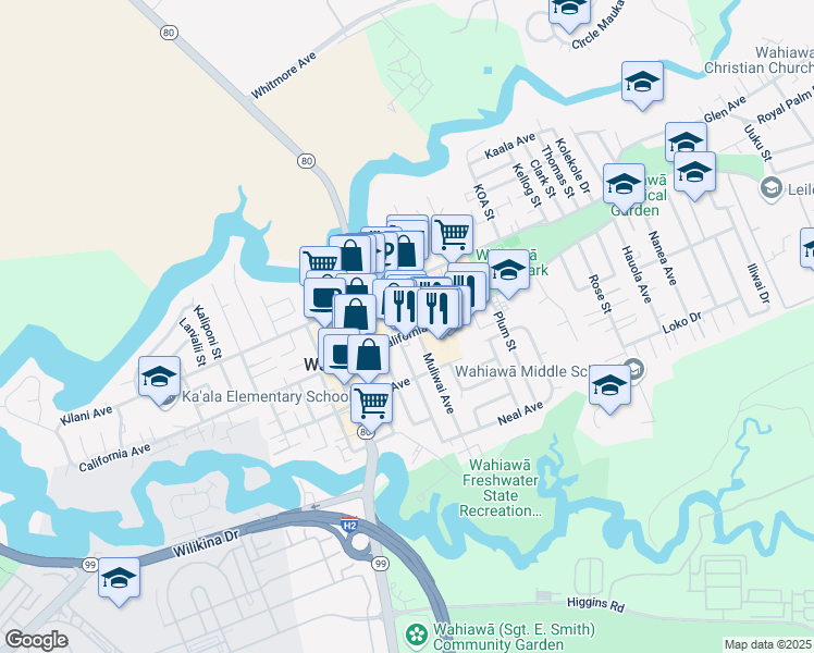 map of restaurants, bars, coffee shops, grocery stores, and more near 961 Center Street in Wahiawa