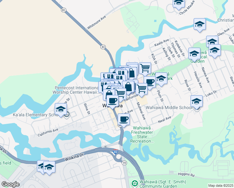 map of restaurants, bars, coffee shops, grocery stores, and more near 150 Kamehameha Highway in Wahiawa