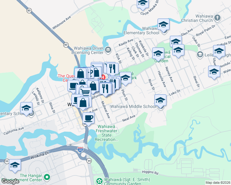map of restaurants, bars, coffee shops, grocery stores, and more near 956 California Avenue in Wahiawa