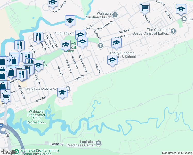 map of restaurants, bars, coffee shops, grocery stores, and more near 235 Iliwai Drive in Wahiawa
