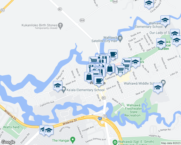 map of restaurants, bars, coffee shops, grocery stores, and more near 398 Kilani Avenue in Wahiawa