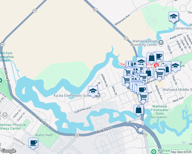 map of restaurants, bars, coffee shops, grocery stores, and more near 250 Kaliponi Street in Wahiawa