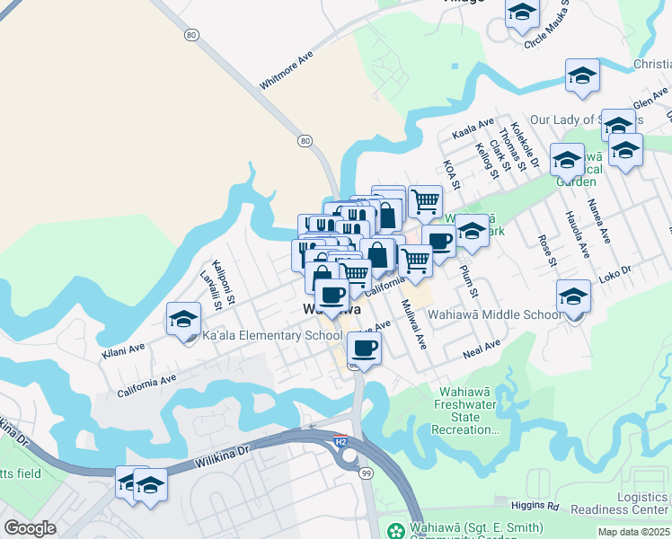map of restaurants, bars, coffee shops, grocery stores, and more near 150 Kamehameha Highway in Wahiawa
