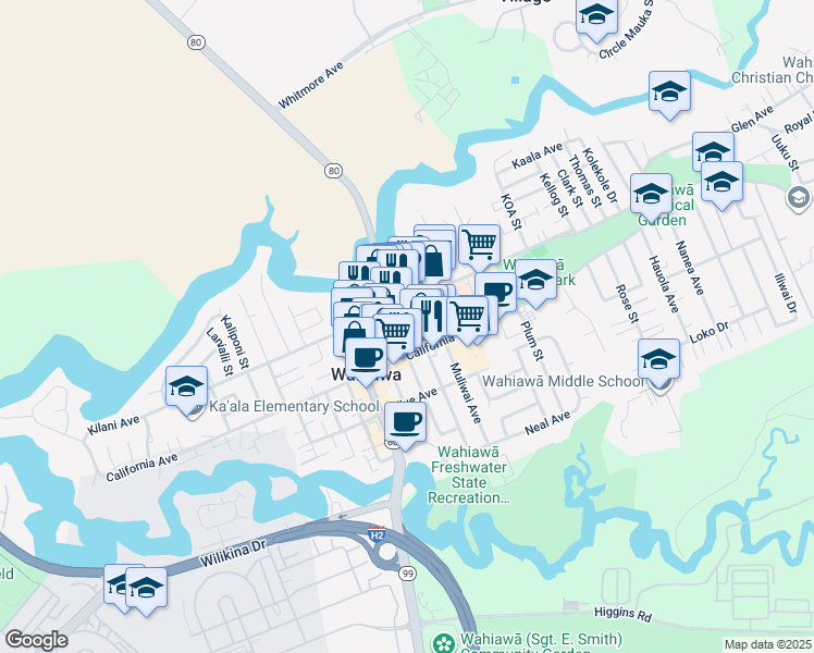 map of restaurants, bars, coffee shops, grocery stores, and more near 125 Westervelt Street in Wahiawa