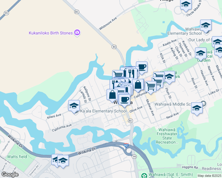 map of restaurants, bars, coffee shops, grocery stores, and more near 260 Pakauwili Drive in Wahiawa