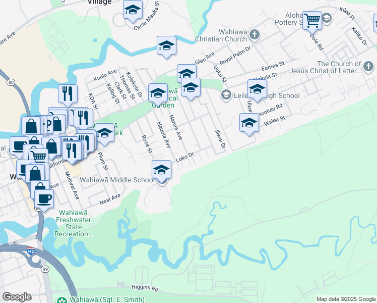 map of restaurants, bars, coffee shops, grocery stores, and more near 176 Nanea Avenue in Wahiawa