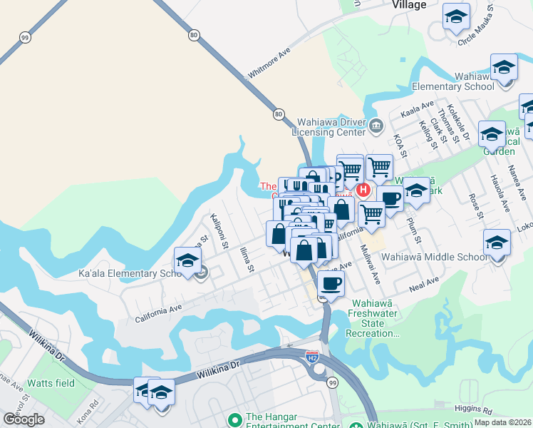 map of restaurants, bars, coffee shops, grocery stores, and more near 266 Holoku Place in Wahiawa