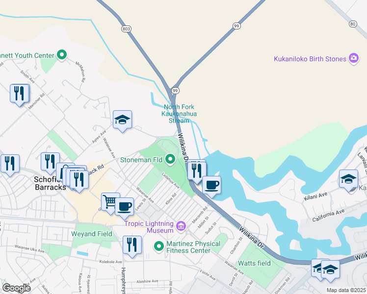 map of restaurants, bars, coffee shops, grocery stores, and more near 1766 Wilikina Drive in Wahiawā