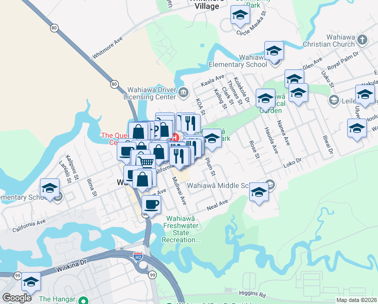 map of restaurants, bars, coffee shops, grocery stores, and more near 956 California Avenue in Wahiawa