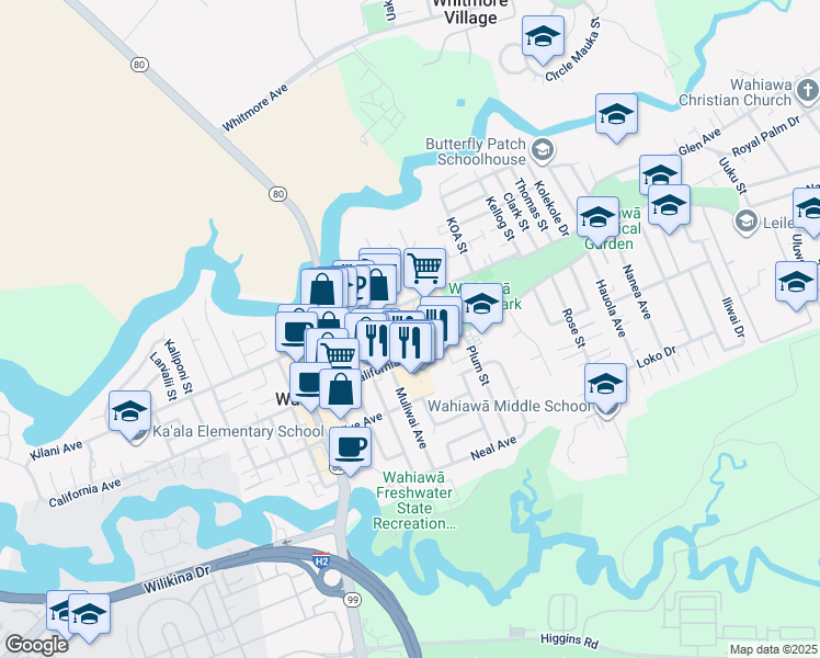 map of restaurants, bars, coffee shops, grocery stores, and more near 501-961 Center Street in Wahiawā
