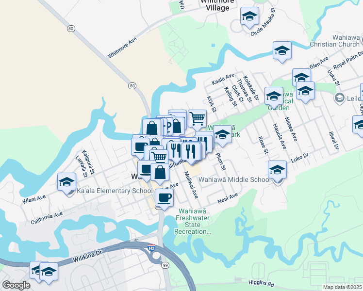 map of restaurants, bars, coffee shops, grocery stores, and more near 501-961 Center Street in Wahiawā