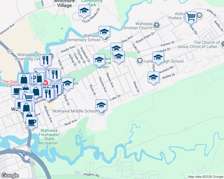 map of restaurants, bars, coffee shops, grocery stores, and more near 176 Nanea Avenue in Wahiawa