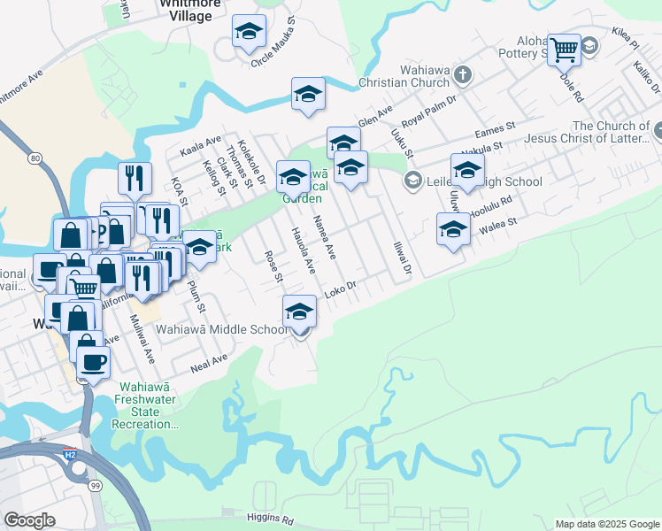 map of restaurants, bars, coffee shops, grocery stores, and more near 176 Nanea Avenue in Wahiawa